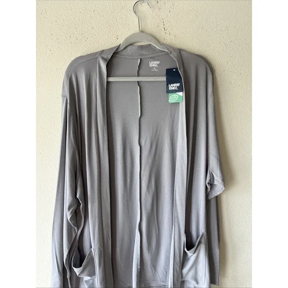 Lands End Open Front Cardigan  Coverup Cotton 3X Gray Long Sleeve Nautical New - Picture 3 of 12